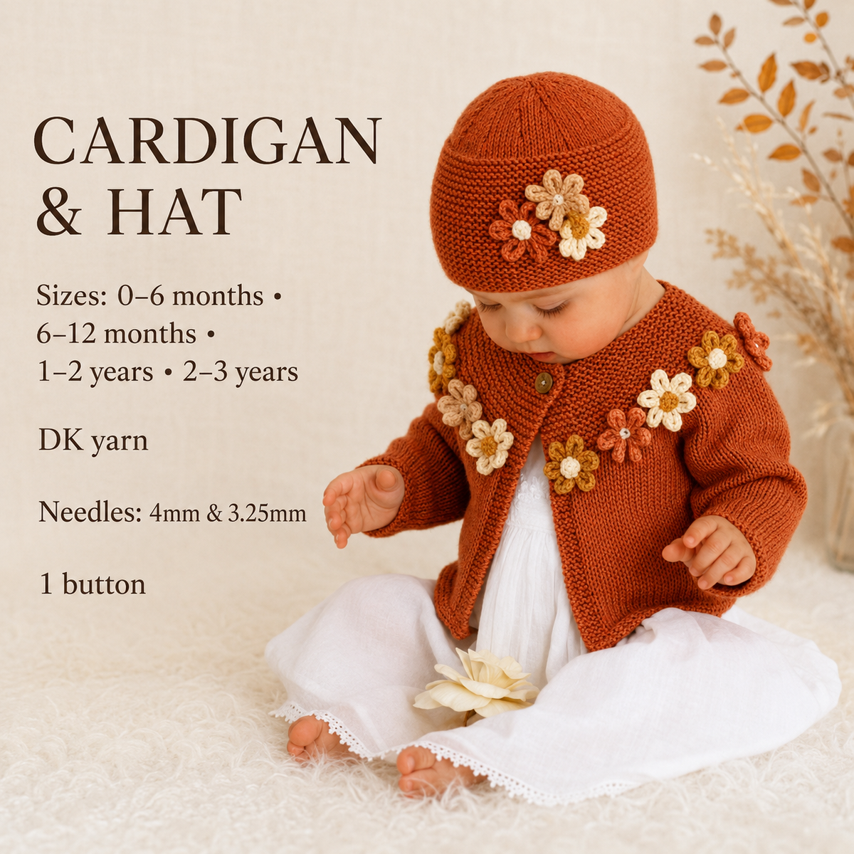 Babies Toddler Garter Stitch yoke-Cardigan & flowers - Raglan - Hat 8ply- DK- light Worsted -Knitting Pattern- PDF- Digital Download 0-3yrs