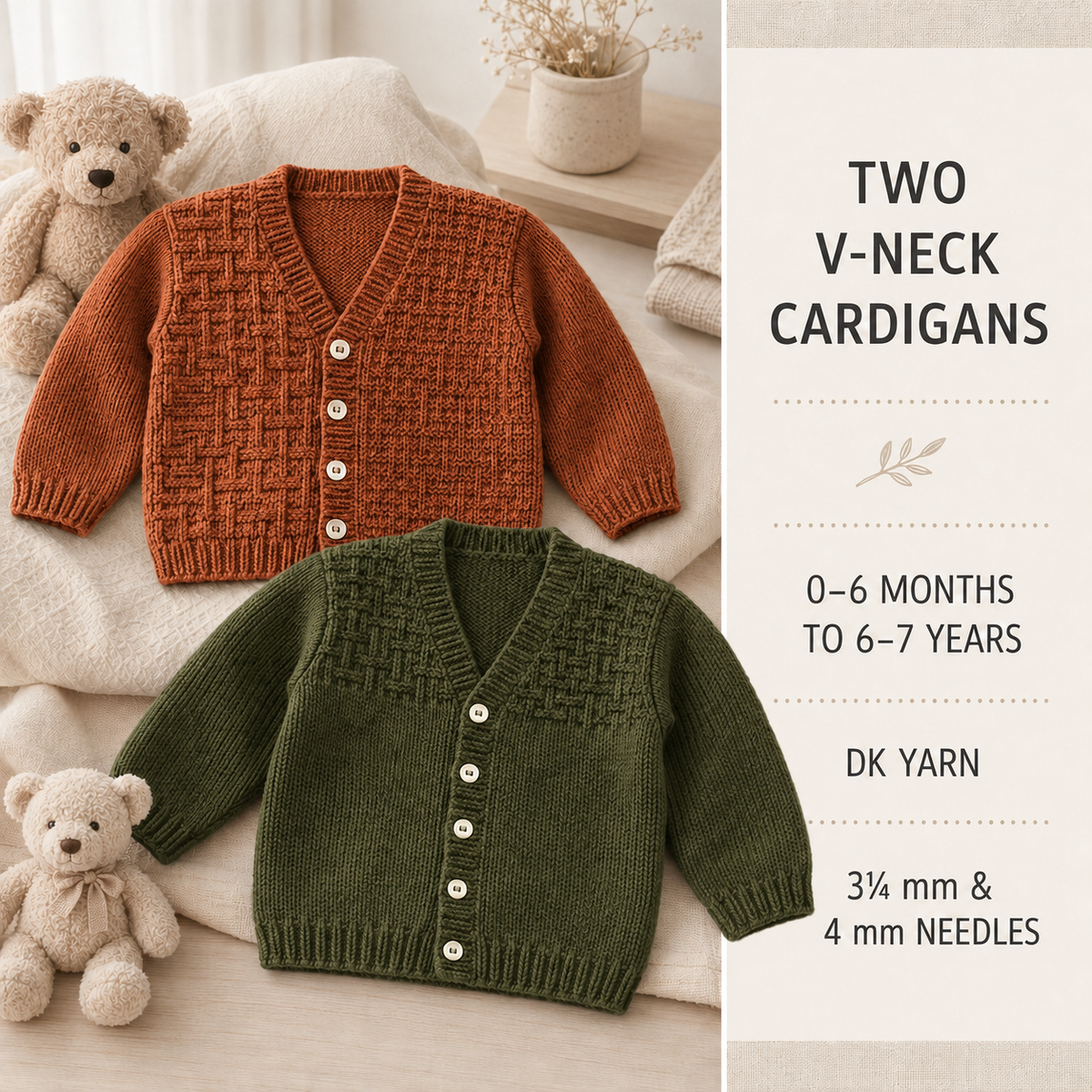 Baby Easy V neck Basket Weave Cardigan - Children's Toddlers 16-26"- DK - 8LY- light worsted Yarn- Knitting Pattern