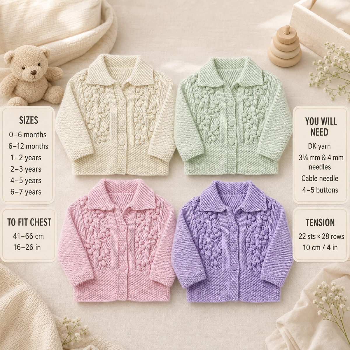 Babies Toddler DK Cardigan Bobble Moss stitch - collar- DK-  8 Ply light Worsted wool  -Knitting Pattern- PDF- Digital Download 16 - 26"