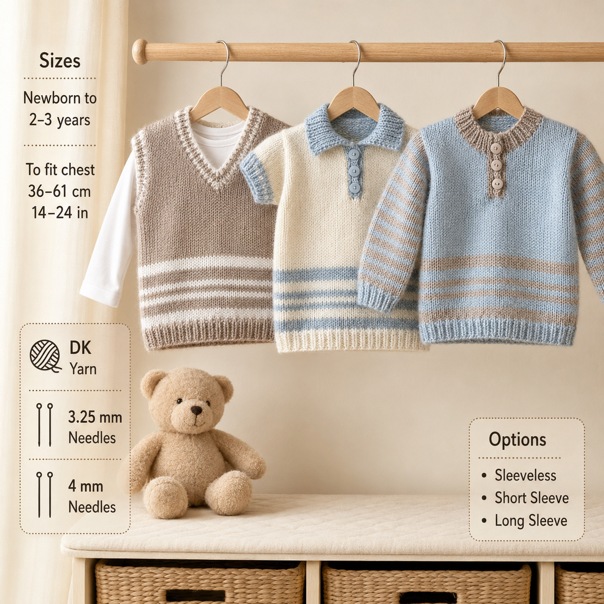 Boy's round neck long Short sleeved sweater & V Neck slipover Knitting Pattern 14 - 24"DK 8 Ply Light Worsted Knitting Pattern pdf download