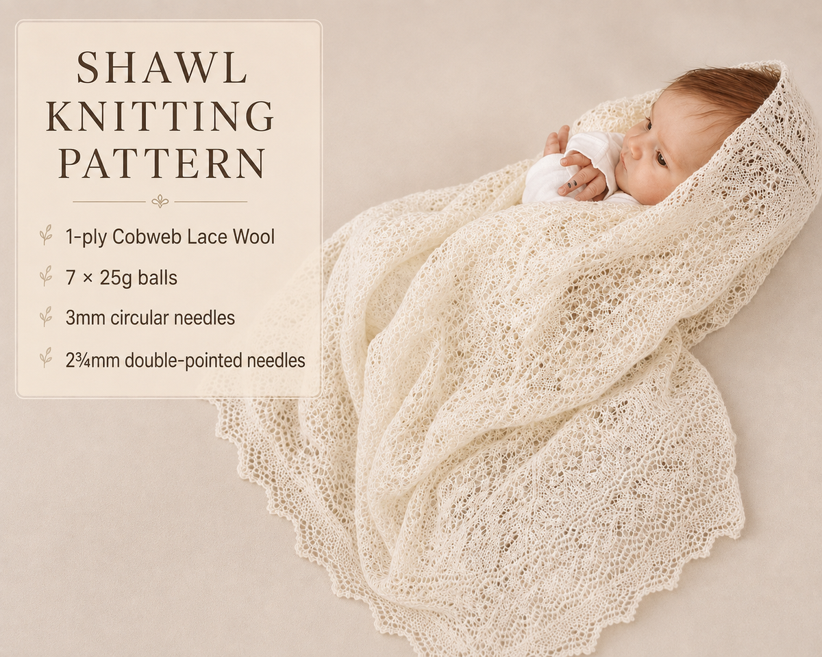 Vintage  Baby Shawl Knitting Pattern PDF- 1ply Shetland  Cobweb Christening, knitted in fingering wool 56 x 56" Square- English Only