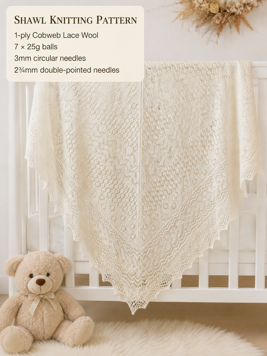 Vintage  Baby Shawl Knitting Pattern PDF- 1ply Shetland  Cobweb Christening, knitted in fingering wool 56 x 56" Square- English Only