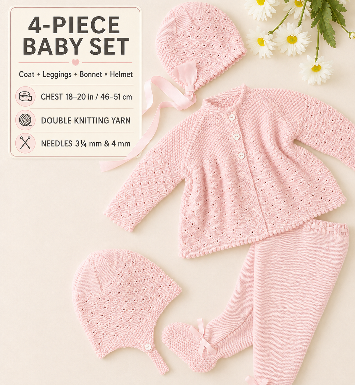 Vintage Pram set Baby girl Boy jacket- coat leggings & hat easy pattern 18" - 20"  sizes DK 8 ply knitting pattern