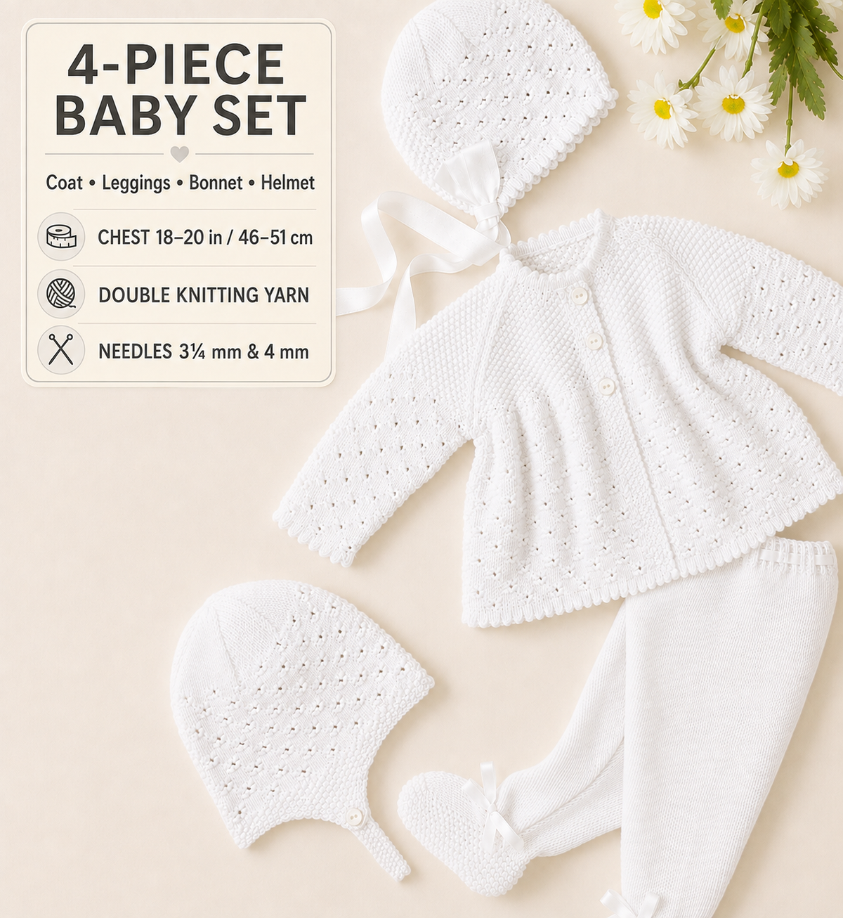 Vintage Pram set Baby girl Boy jacket- coat leggings & hat easy pattern 18" - 20"  sizes DK 8 ply knitting pattern