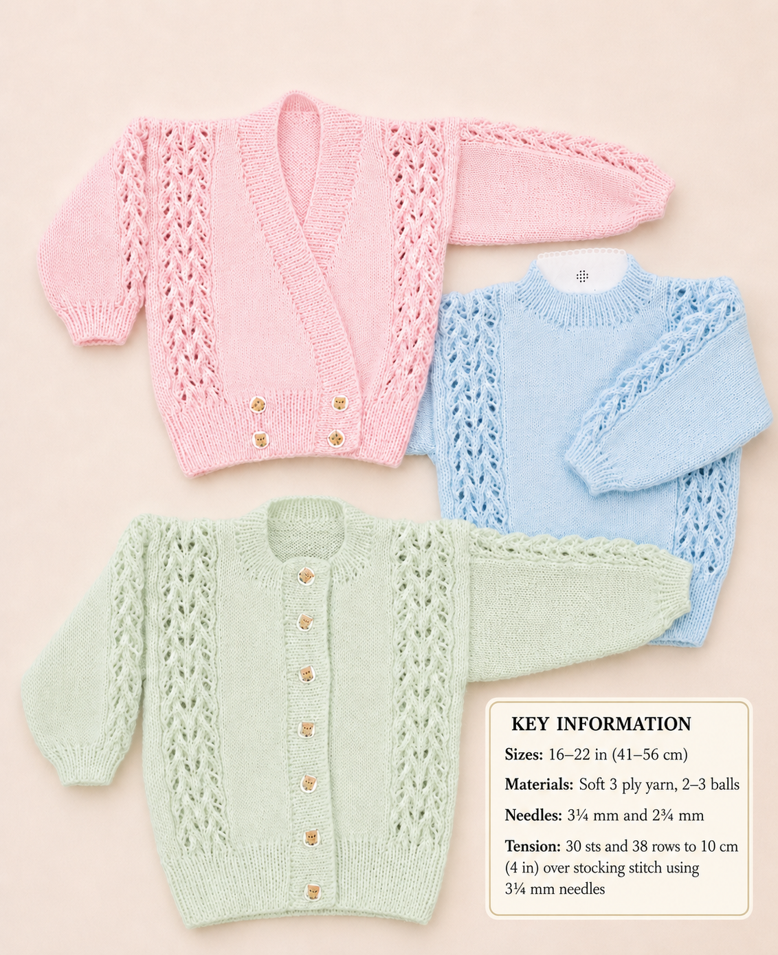 Baby easy Knit  Cardigans cross over and sweater in DK-3ply - fits chest 16-22 inches Knitting pattern
