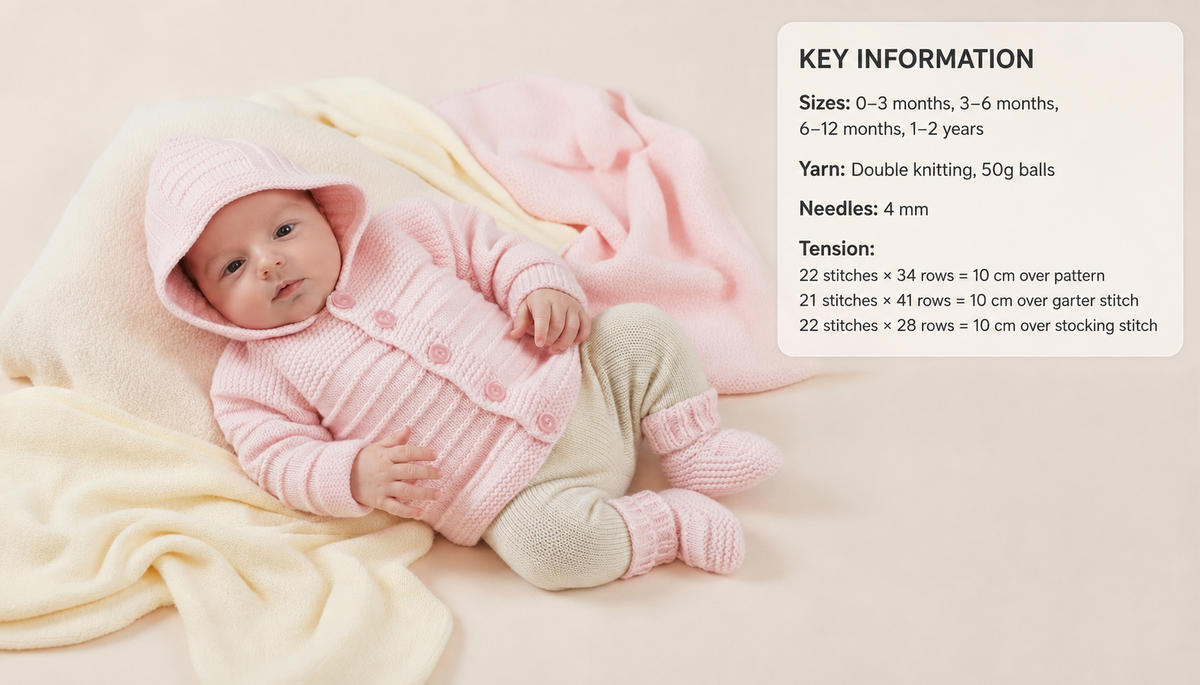Baby easy knit cardigan hat mitts shoes & hooded jacket -knitting pattern - 16 - 22" -dk - 8ply light worsted knitting pattern