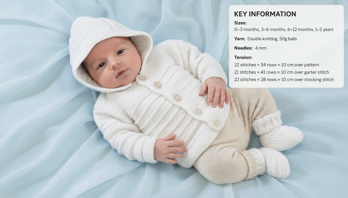 Baby easy knit cardigan hat mitts shoes & hooded jacket -knitting pattern - 16 - 22" -dk - 8ply light worsted knitting pattern