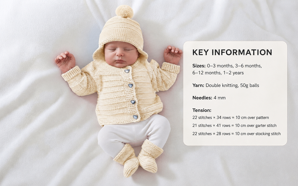 Baby easy knit cardigan hat mitts shoes & hooded jacket -knitting pattern - 16 - 22" -dk - 8ply light worsted knitting pattern