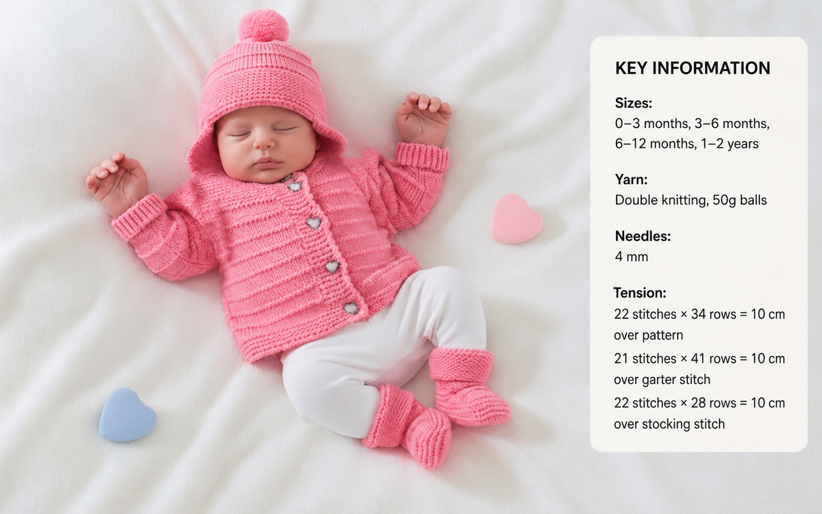 Baby easy knit cardigan hat mitts shoes & hooded jacket -knitting pattern - 16 - 22" -dk - 8ply light worsted knitting pattern