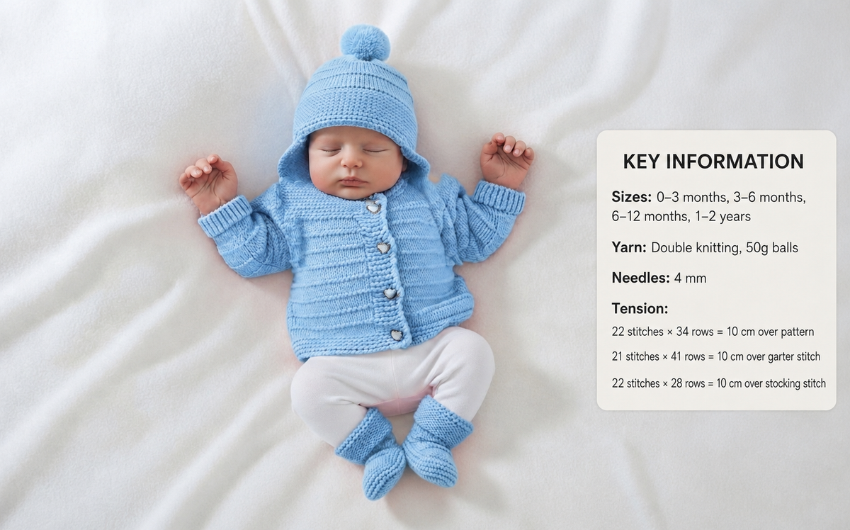Baby easy knit cardigan hat mitts shoes & hooded jacket -knitting pattern - 16 - 22" -dk - 8ply light worsted knitting pattern