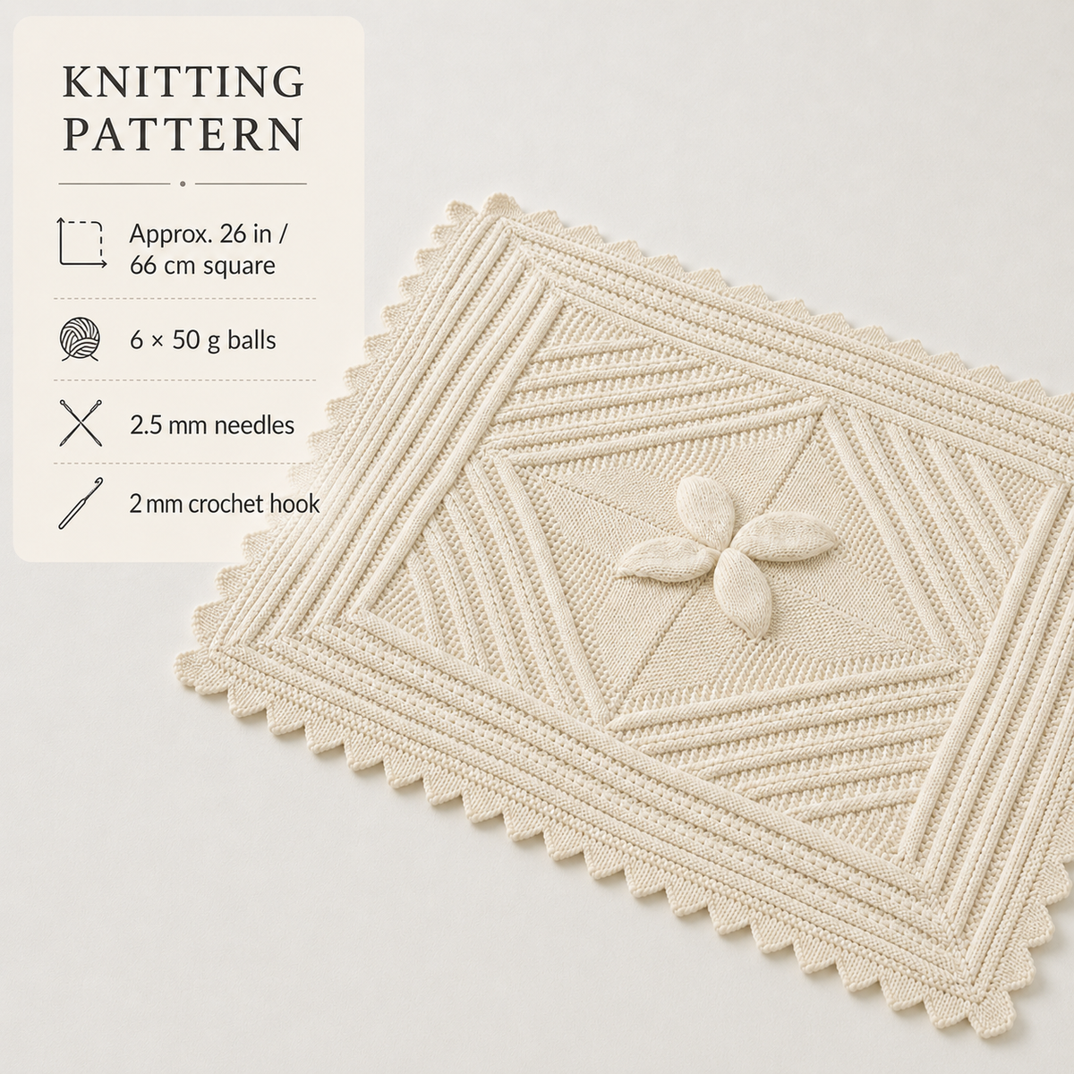 Leaf Pattern Baby Blanket Knit in Squares Pram- cot cover -embossed squares central leaf  Knitting Pattern PDF Download- see images for info
