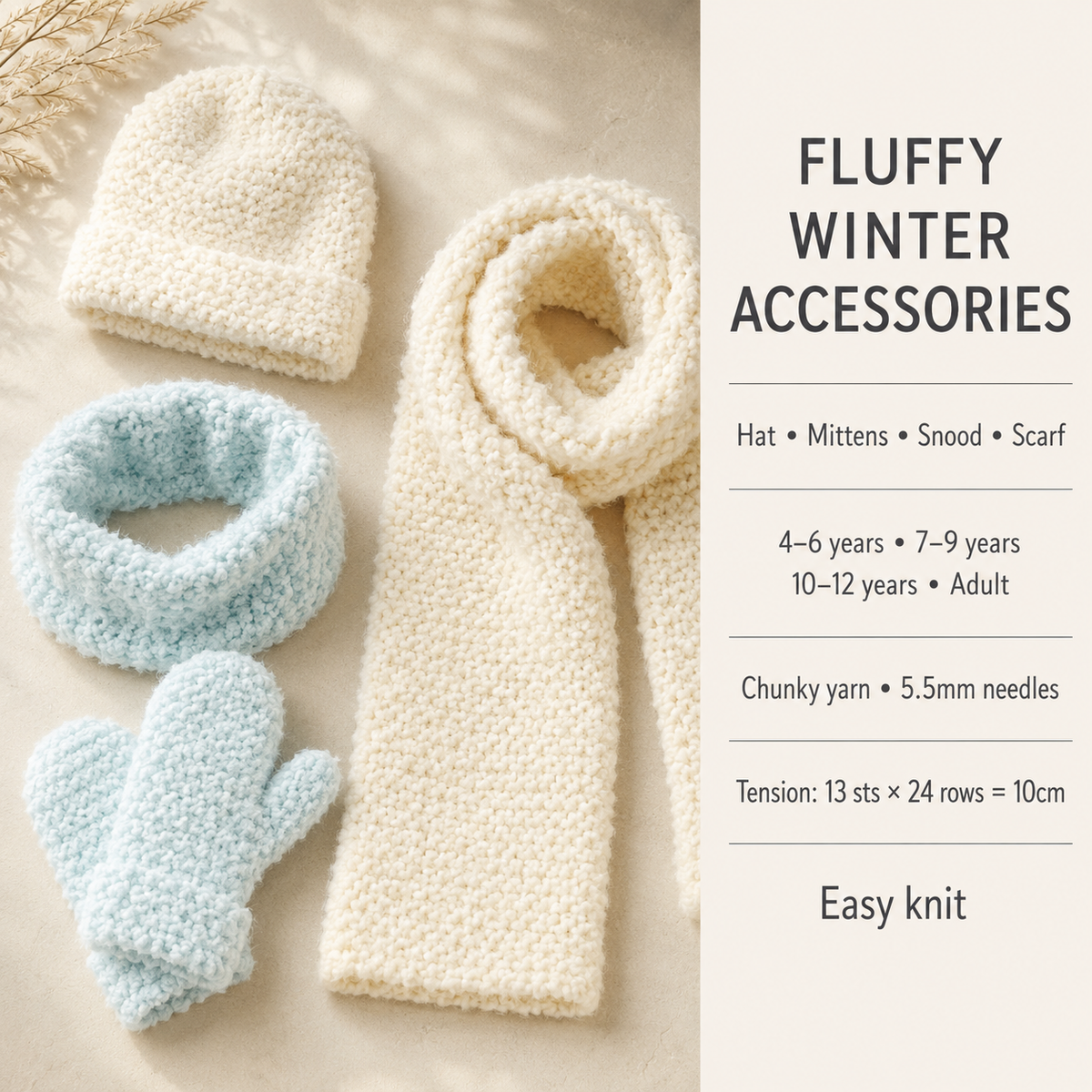 Adult Girl's Hats Scarf Gloves  Snood Garter Stitch, easy winter pattern-  Chunky snowflake wool Knitting Pattern PDF 4 - 12 years + adult