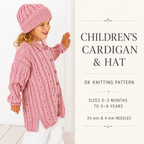 Childs Long Cable Jacket, Hooded jacket, Cardigan & Hat Fits Birth-6 years- DK- 8ply Light Worsted Yarn-  Knitting pattern Download PDF