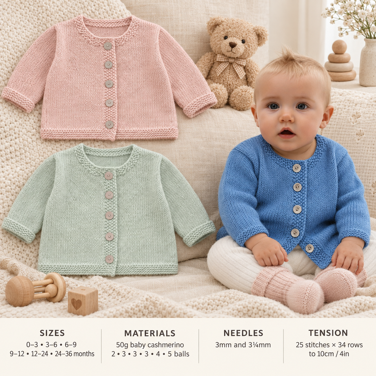 Boy's Girl's Baby Jacket Cardigan- Moss stitch bands Sport - 5 ply Ply- 19" - 27" ( 0-36 months)