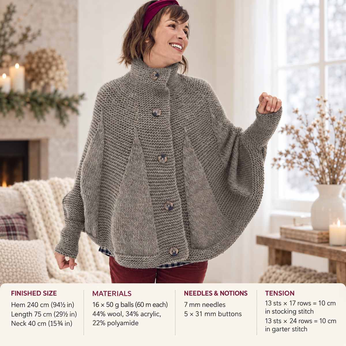 Vintage Ladies Cape Poncho Knitting Pattern (PDF Download)