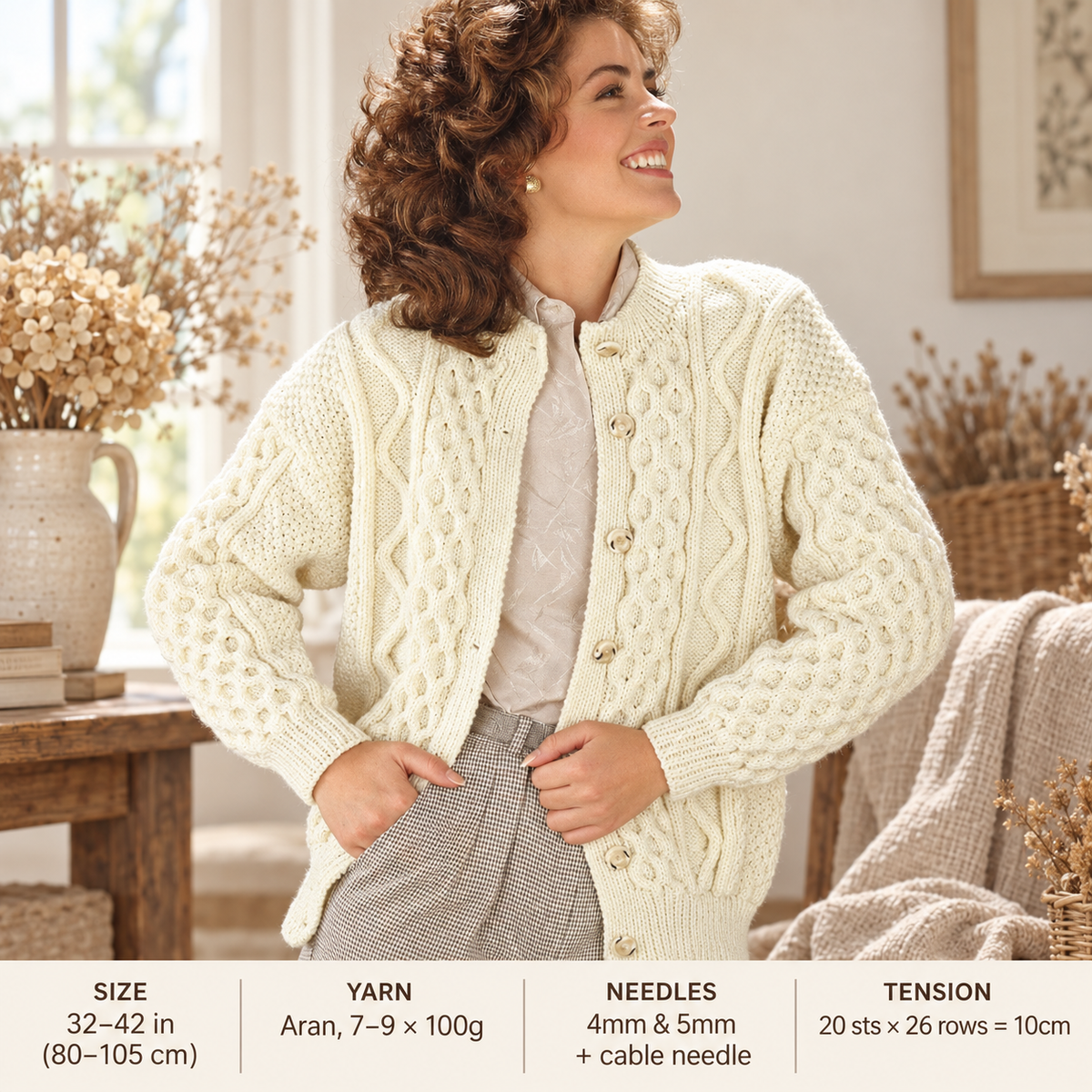 Vintage Aran Cardigan Knitting Pattern, Ladies Cable Knit (PDF Download)