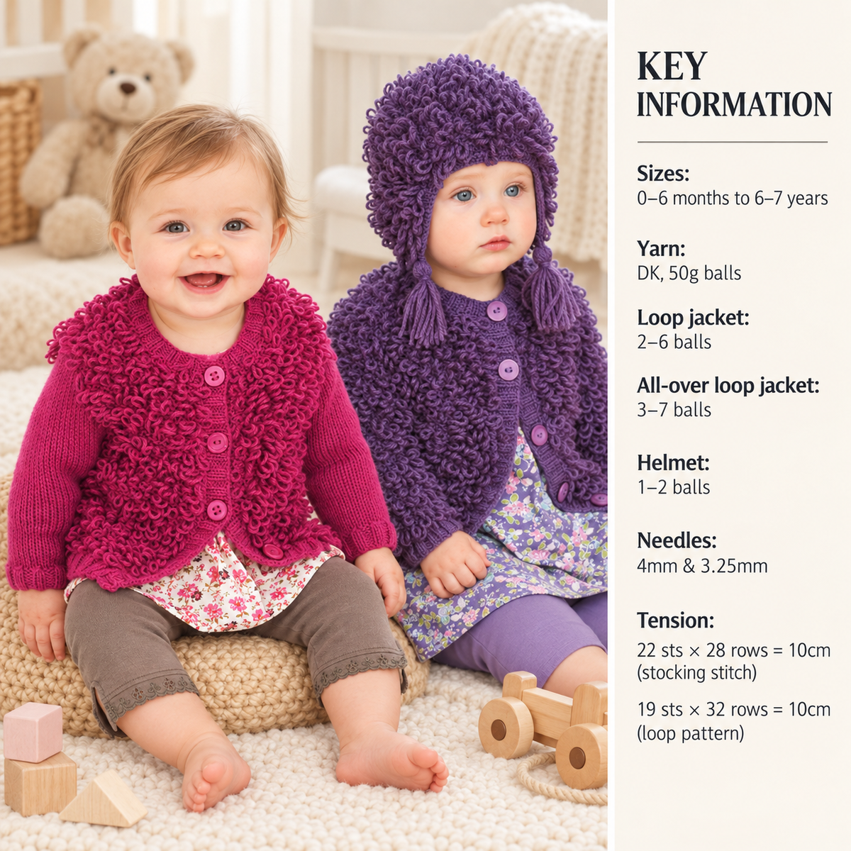 All Over Loopy Jacket or with Stocking Stitch Sleeves & Loopy Helmet 16 -26" ~ DK Wool 8ply Light Worsted Knitting Pattern pdf Download