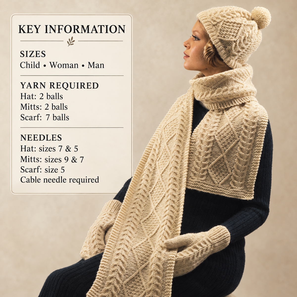 Aran Scarf- Hat- Mitts- Fit woman Man Child- Aran 10 ply wool- Knitting pattern Download PDF Vintage Knitting