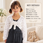 Girl's lacy Tie Front Cardigan Long/ Short sleeves, DK 8Ply Light worsted wool 22" - 32" ( 2 -13 yrs) Knitting Pattern