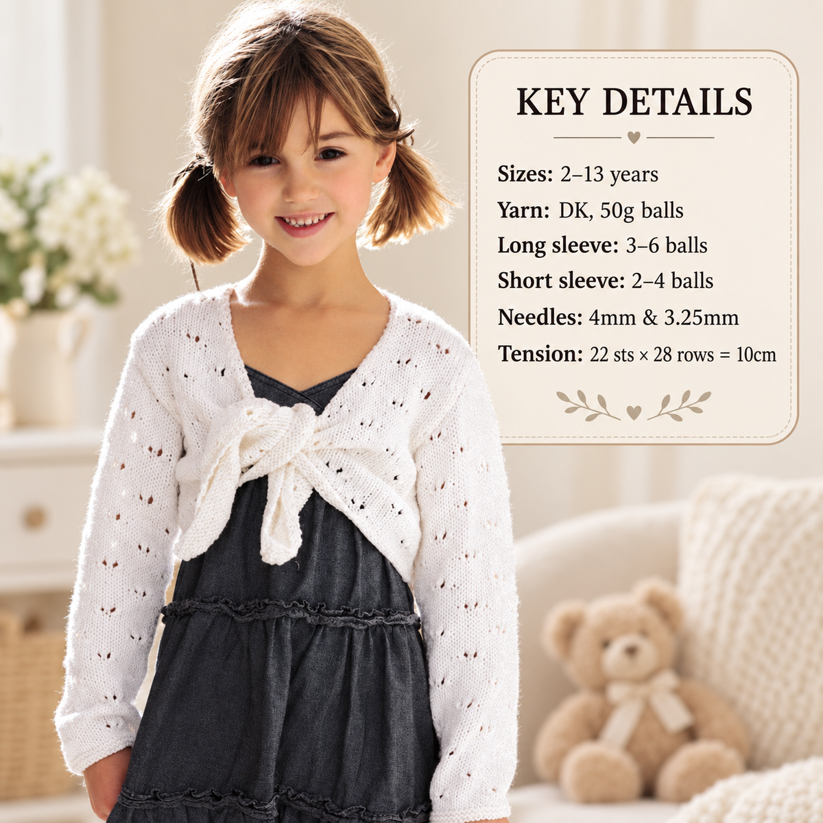 Girl's lacy Tie Front Cardigan Long/ Short sleeves, DK 8Ply Light worsted wool 22" - 32" ( 2 -13 yrs) Knitting Pattern