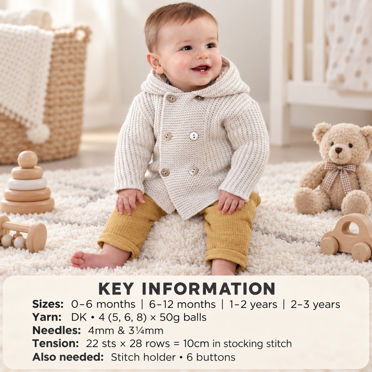 Baby Hooded Jacket Knitting Pattern - Rib & Garter Stitch (PDF Download, 0-3 Years)