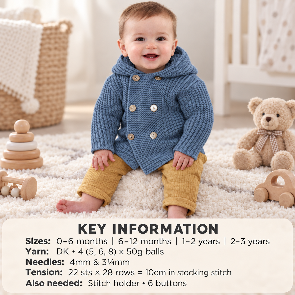 Baby Hooded Jacket Knitting Pattern - Rib & Garter Stitch (PDF Download, 0-3 Years)