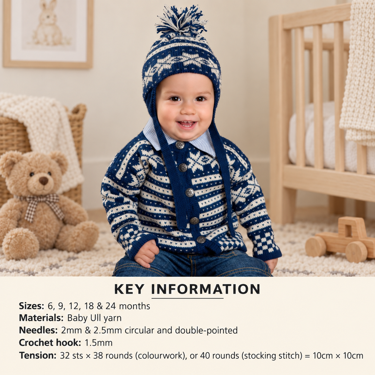 Child's Scandinavian Jacket Cardigan, Hat & Headband) Knitting pattern -Download PDF fits 6-24 months