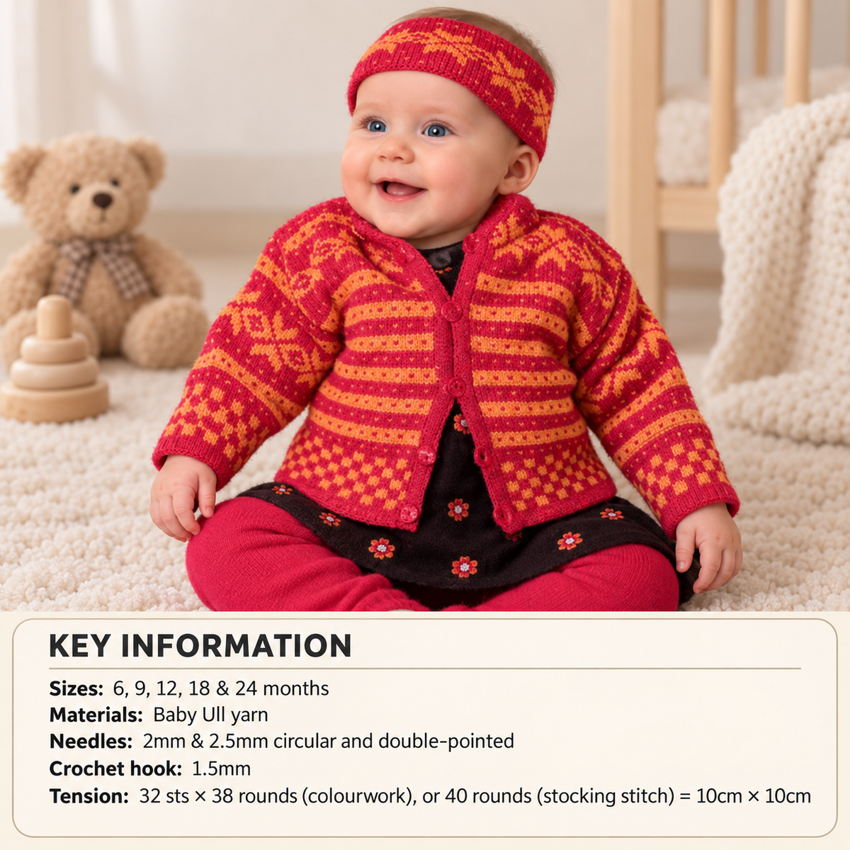 Child's Scandinavian Jacket Cardigan, Hat & Headband) Knitting pattern -Download PDF fits 6-24 months