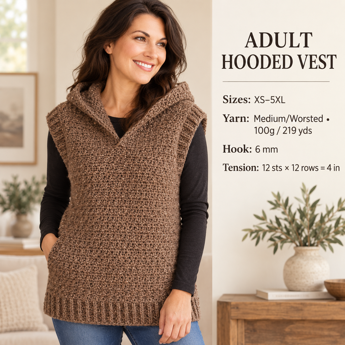 Crochet Hooded Sweater Vest Pattern – Adult & Child Sizes, Aran Worsted Weight