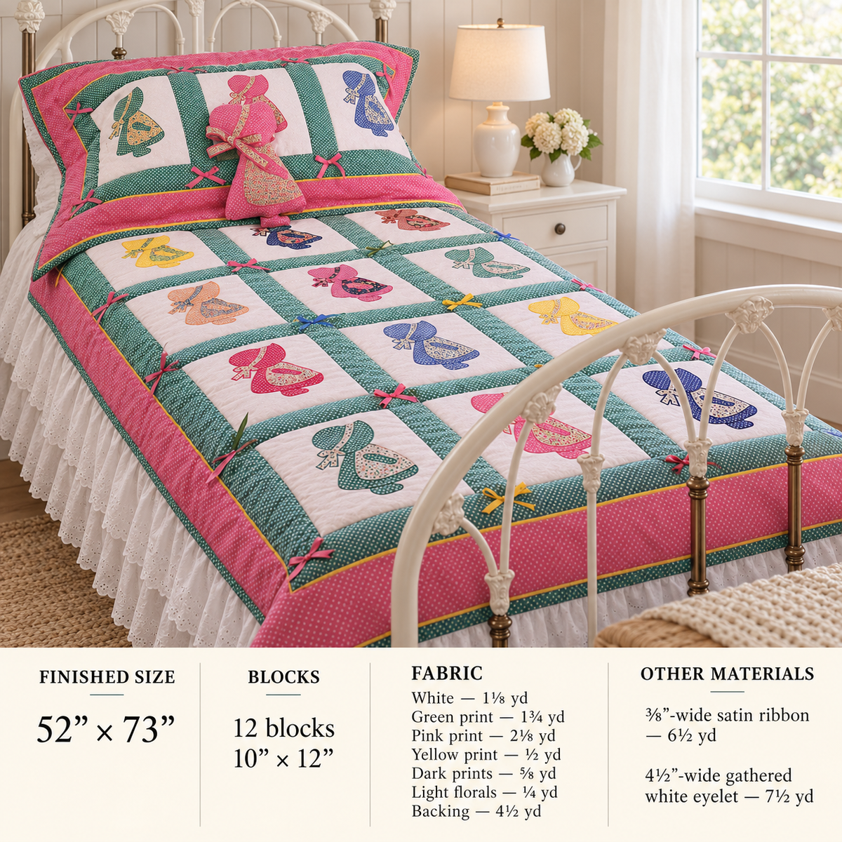 Sunbonnet Sue Patchwork Blocks Applique Twin Size Bed Quilt Bedspread Vintage 52" x 73" ~ Quilt Sewing Pattern