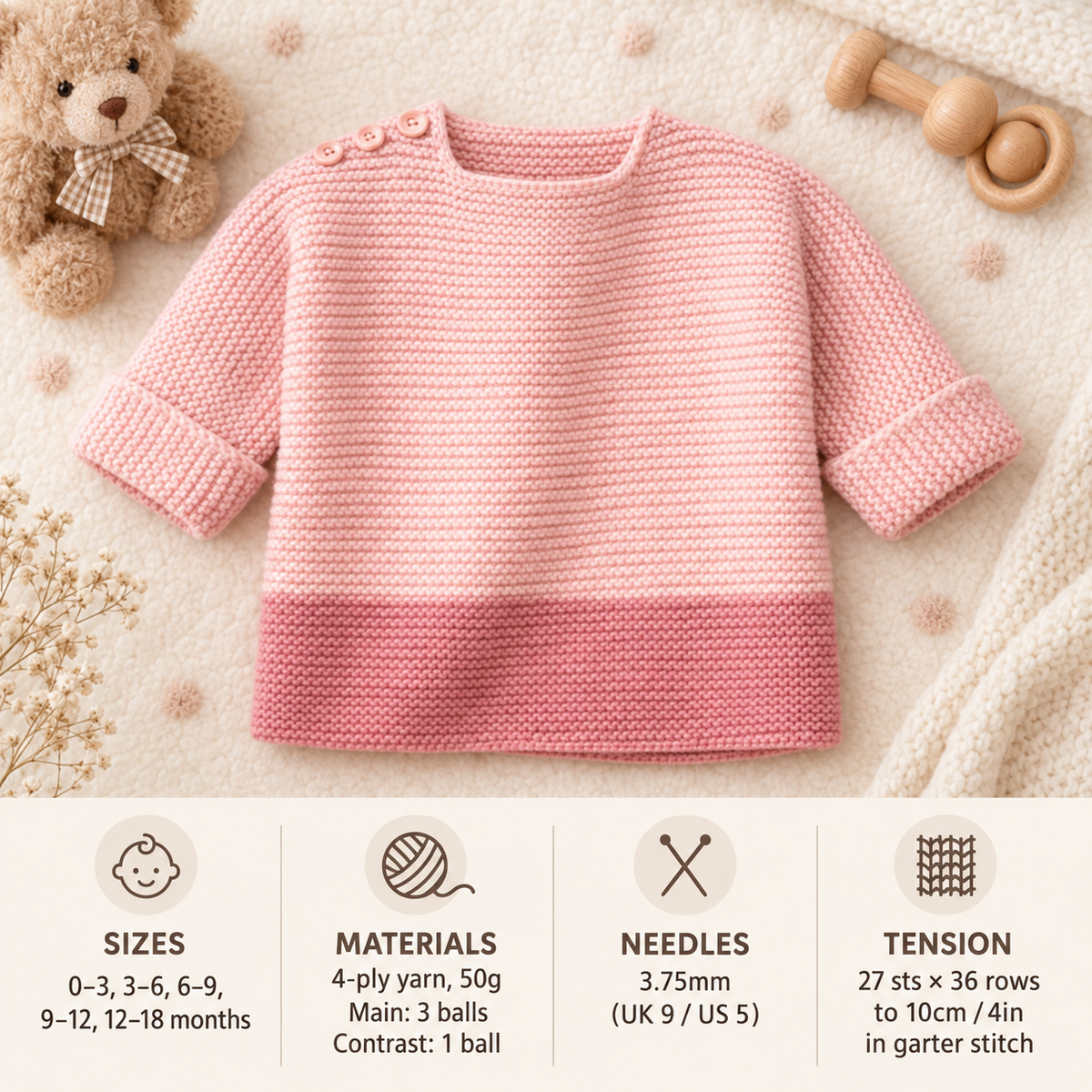 Beginner Garter Stitch sweater  Knitting Pattern – Button Shoulder, 4ply