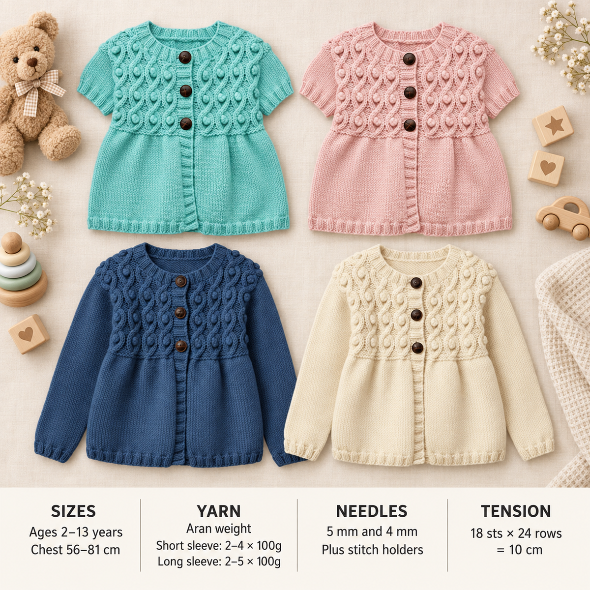 Girls Cable Bobble Cardigan Knitting Pattern: Aran Worsted Wool (PDF Download)