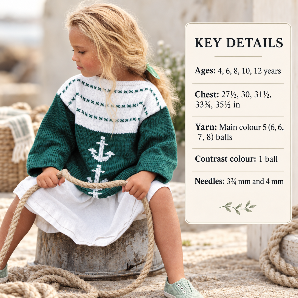 Slash Neck child's Sailor Anchor loose fit sweater 27-35" ~4 - 12 years ~ DK Wool 8ply Light Worsted Knitting Pattern pdf Download- Nautical