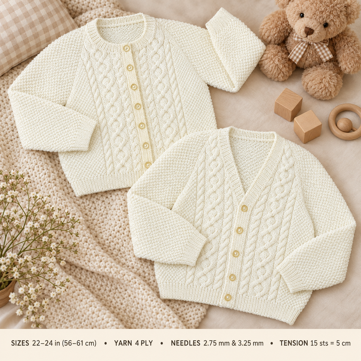 Baby Boy Girl V neck Round Neck Raglan Cable pattern cardigans  Vintage 4Ply Fingering wool 22"- 24" Knitting pattern download PDF 2-4 Yrs