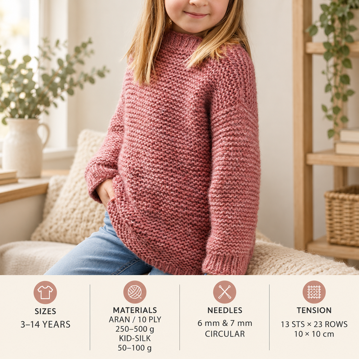 Easy Beginner Girls Boys Garter Stitch Sweater 3 ~ 14 years Aran 10 Ply Worsted Knitting Pattern pdf instant download