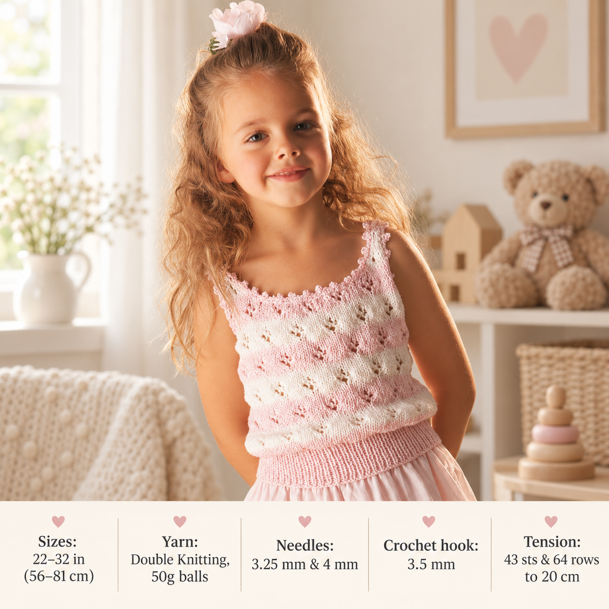 Girls cute Knitted Summer vest top- Bobbly Border eyelet pattern- dk- 8ply light worsted yarn- knitting pattern Download PDF 22" - 32" chest
