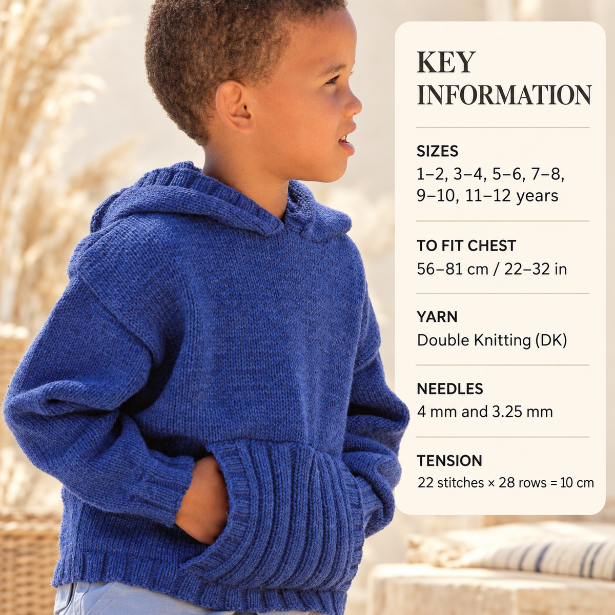 Childrens Hooded Sweater-Hooded Jumper Knitting Pattern  with pocket- fits chest 22-32" or 1-12 years PDF