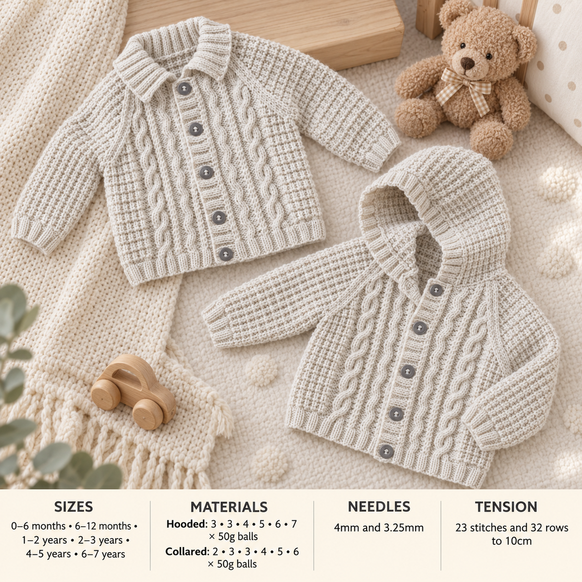 Child's Fairly Easy Cable Cardigan-& Hooded Jacket Boy-Girl- Knitting Pattern -DK 8 Ply (light Worsted weight)  Download-16-26"( birth-7yrs)