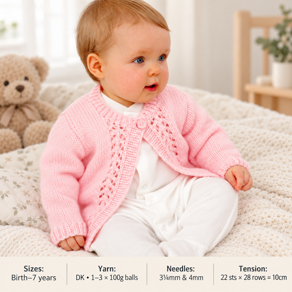 Baby Girls Lacy Eyelet Panel Round Neck Cardigan 16-26" (0 - 7 years) DK wool 8ply Light Worsted Knitting Pattern
