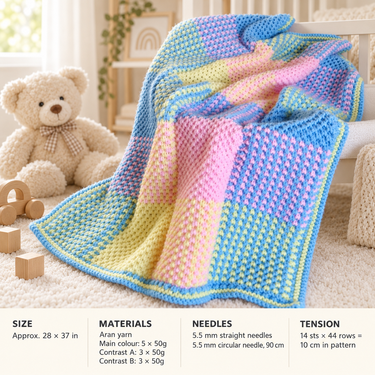 Vintage Multicoloured Knit Blanket Pattern, Easy Squares (PDF Download)
