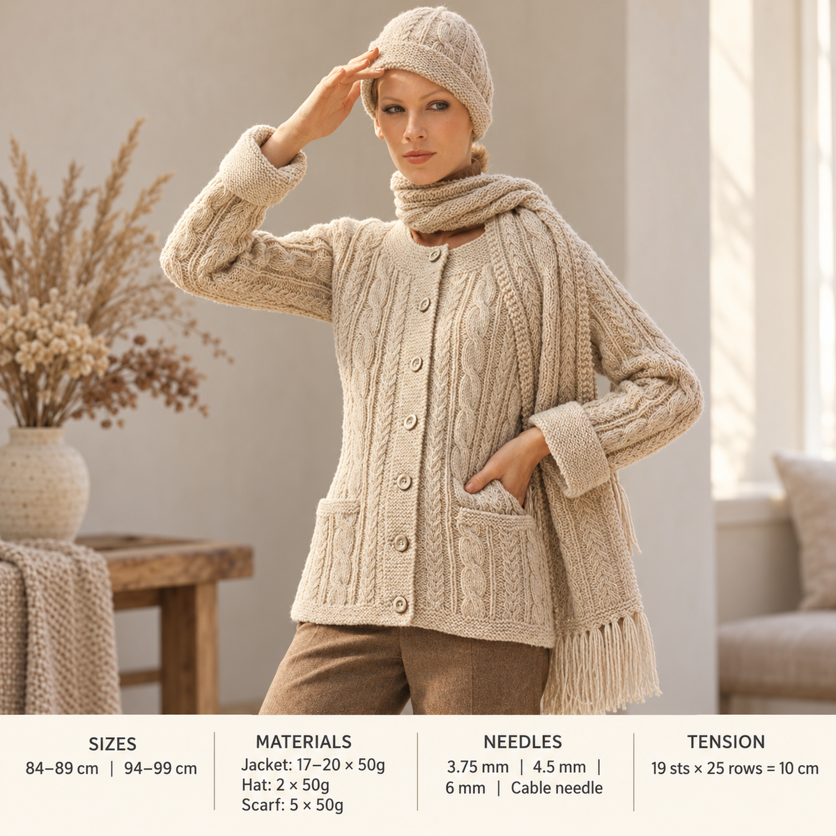 Woman's Long Aran Cable Jacket/Coat- Scarf & Mitts Winter Knitting Pattern in Aran ( 10 ply, worsted ) 33 - 39" Vintage Download  PDF