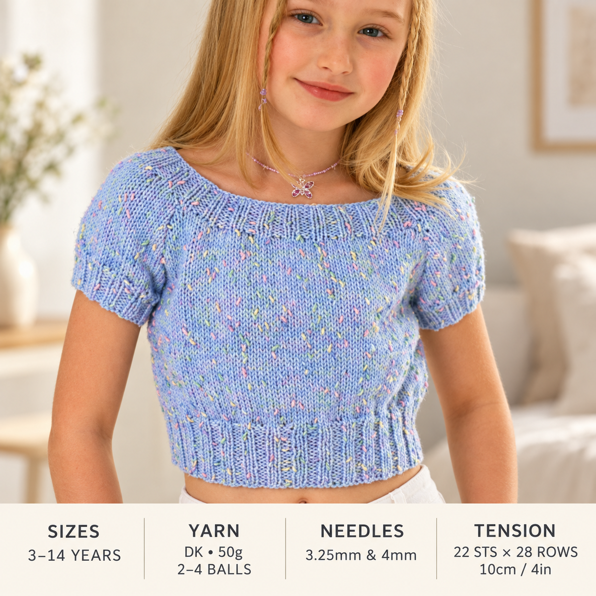 Girls Cropped Jumper Knitting Pattern, Short Sleeve Scoop Neck Top (PDF Download)