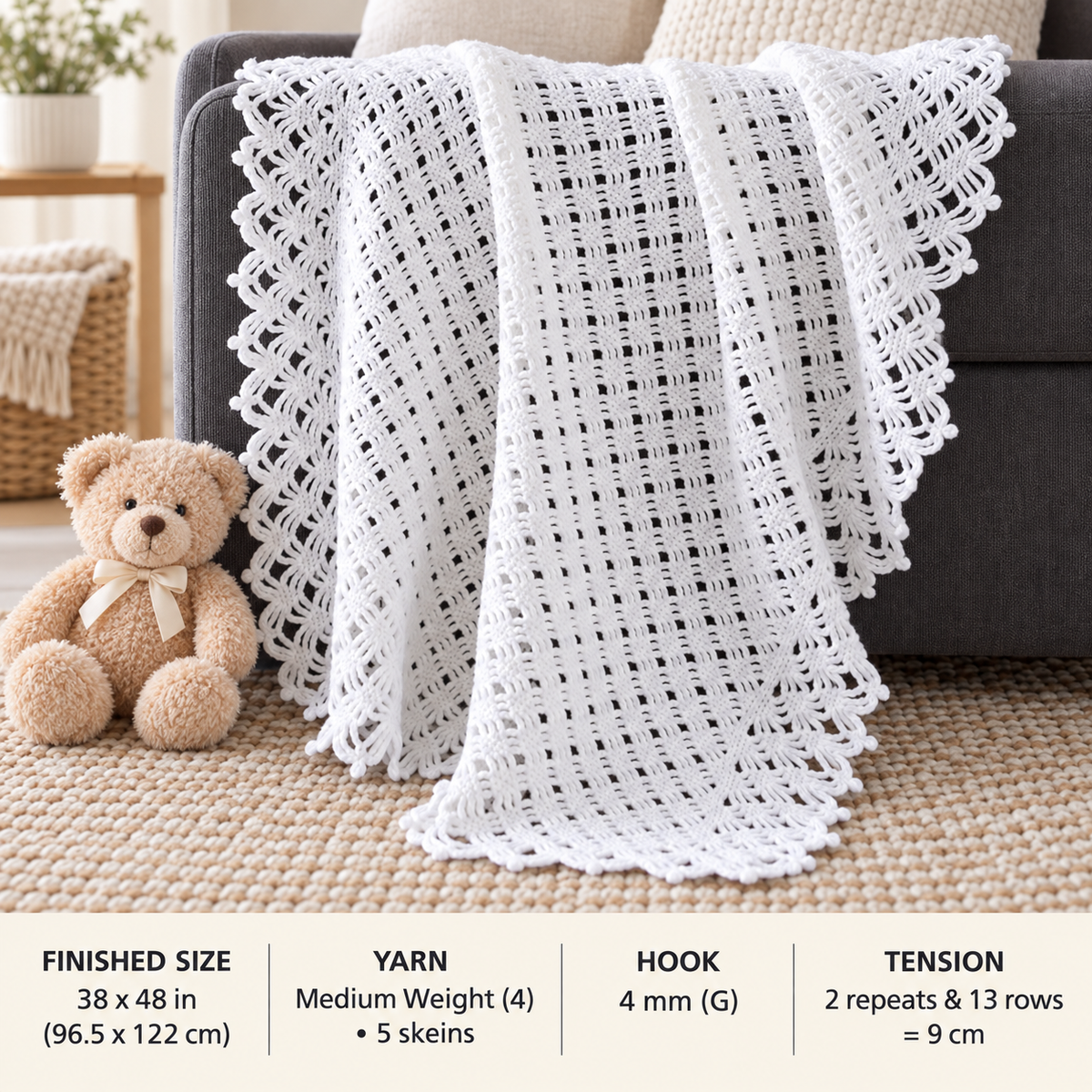 Crochet Pattern Lacy Diamonds Baby Christening Blanket - Shawl- 38 x 48" Christening-medium weight yarn