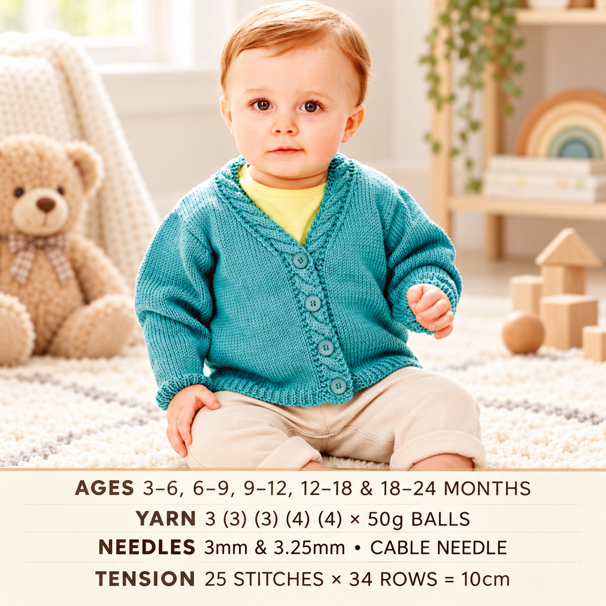 Boy's Girl's Baby Jacket Cardigan with Cable bands Cotton Light weight DK 8Ply- 20" - 28" ( 3-24 months)-- Knitting Pattern