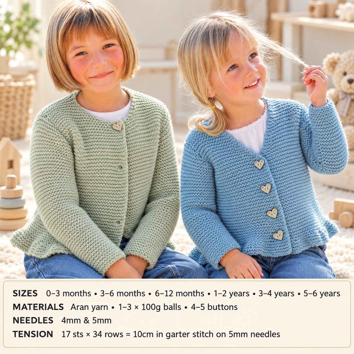 Girls-Very easy, garter stitch Round & V neck Cardigans-Aran 10 ply wool- chest 16-26 inches- easy quick knit-PDF KNITTING Pattern