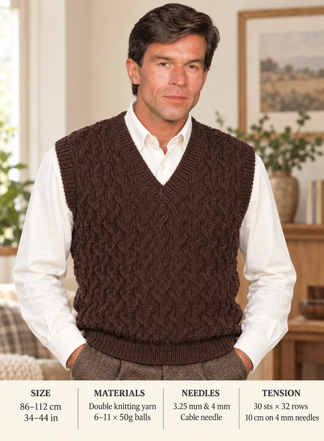 Mans Twisted cable pattern V neck  Slipover 34"-44" in DK 8 PLY Wool Knitting Patterns