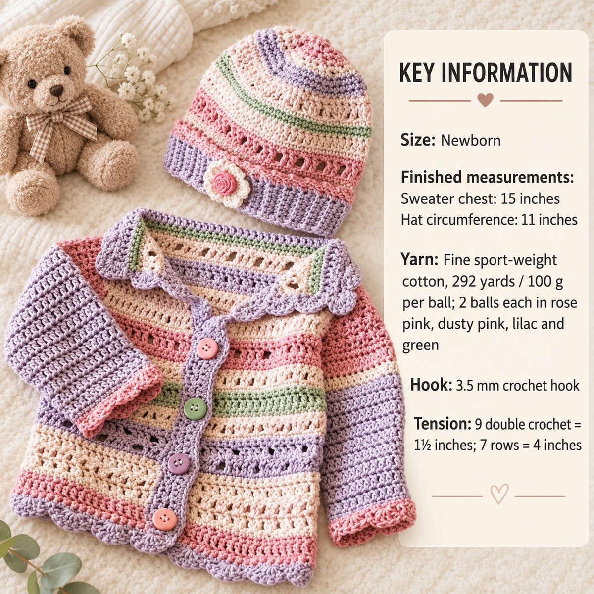 Baby Crochet Cardigan - Jacket & hat Crochet Pattern 4 ply Fingering wool- Download PDF B Newborn Baby Girl size