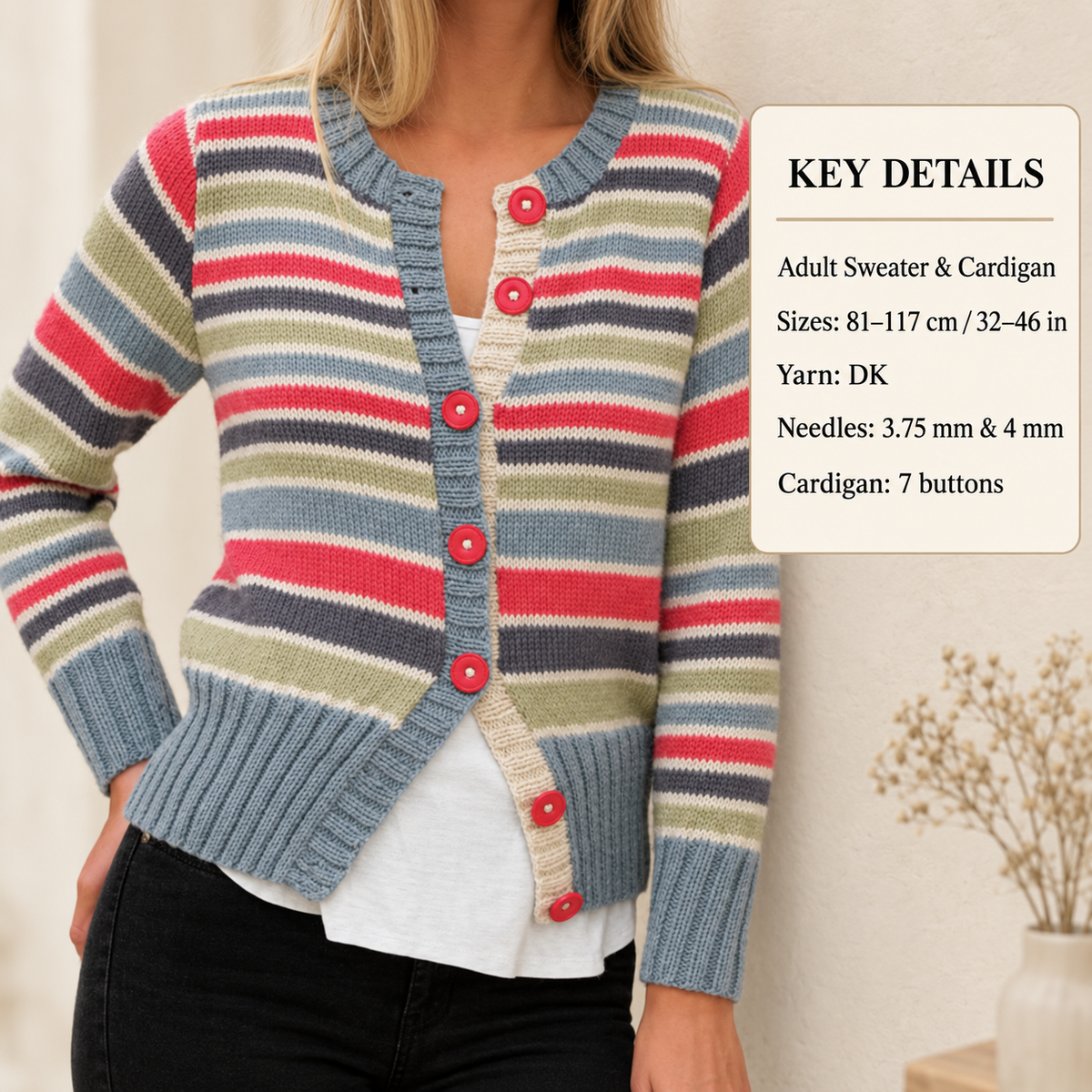 Woman's Easy Stripe Cardigan - round Neck & Tunic Sweater Jumper -Ribbed Waist- DK (8PLY) 32 - 46" Download PDF Knitting Pattern