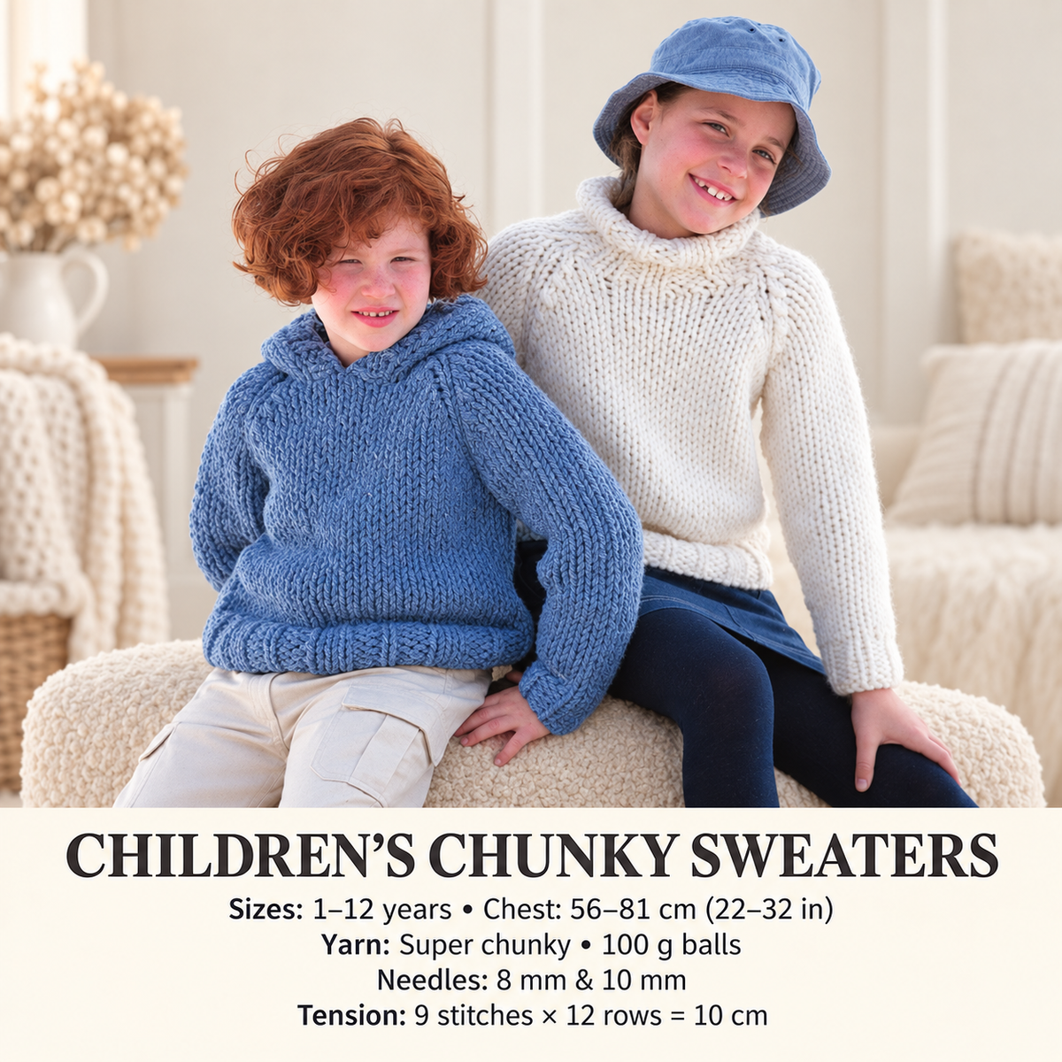 Child's Easy Super Chunky Roll Neck & Hooded sweaters Boy- Girl- Knitting Pattern Super chunky/Super bulky wool -22-32" ( 1-12y)