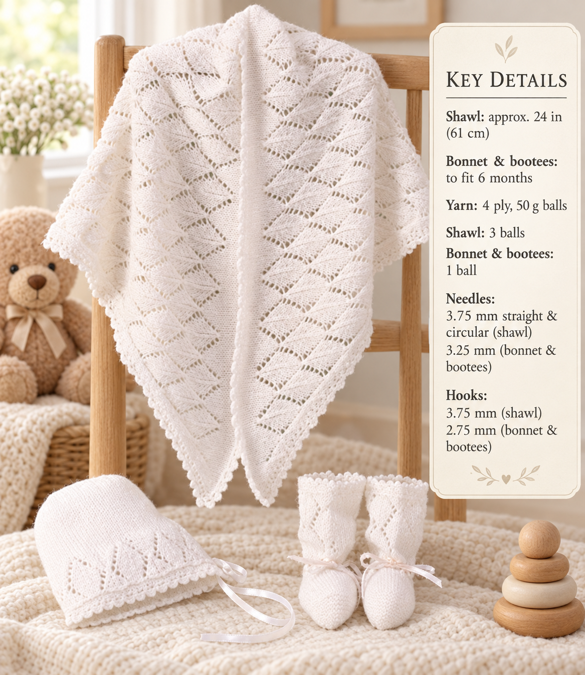 Baby shawl, , lacy pattern, 4 Ply yarn, Knit, 24", Vintage knitting pattern